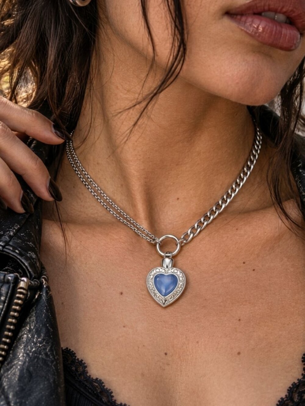18K White Gold Plated Blue Cat's Eye Heart Locket Curb Chain Necklace 18" Y2K